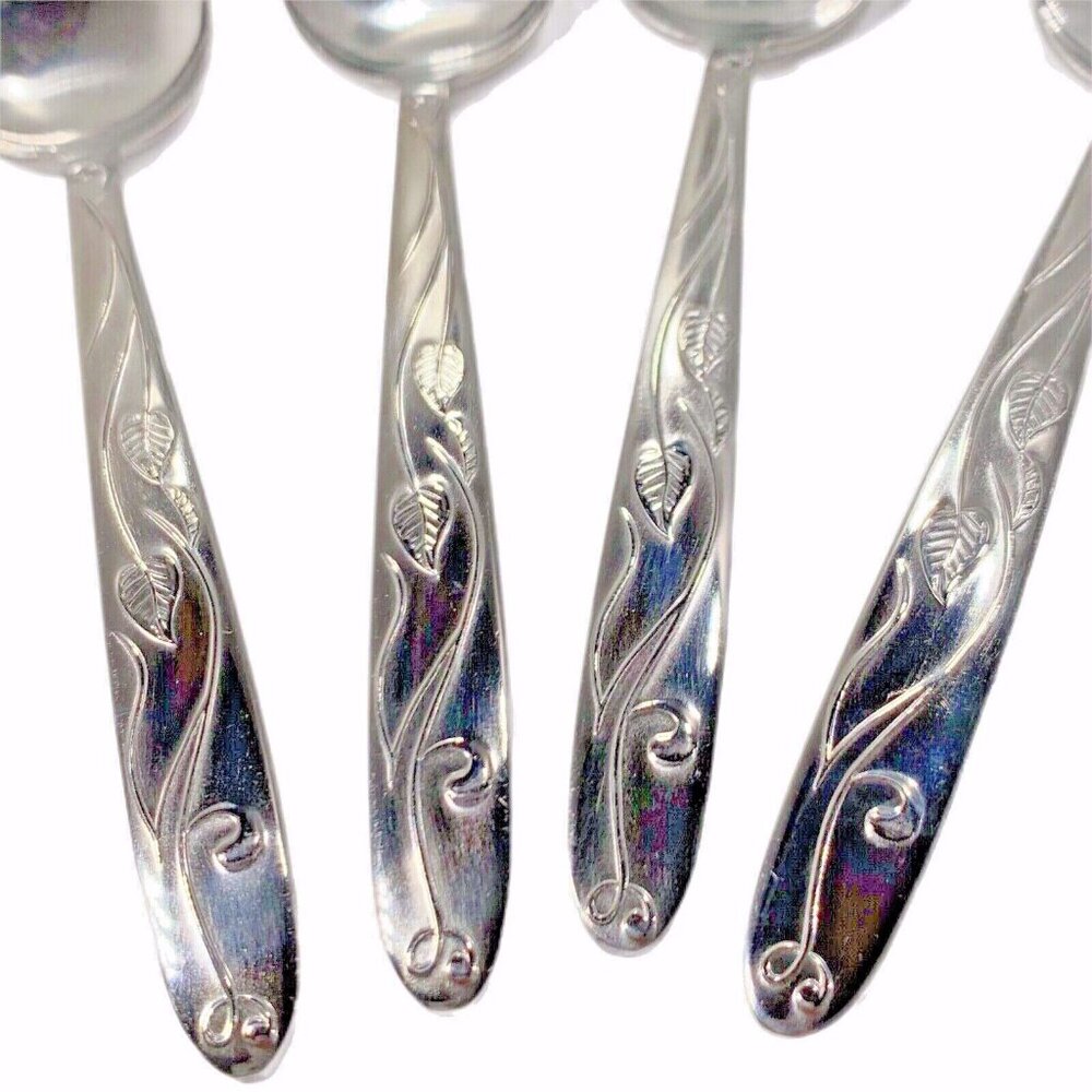 Set 4 Imperial Int'l Stainless Ivy Pattern Dinner Spoons Japan Cutlers Guild Ltd - Picture 7 of 8